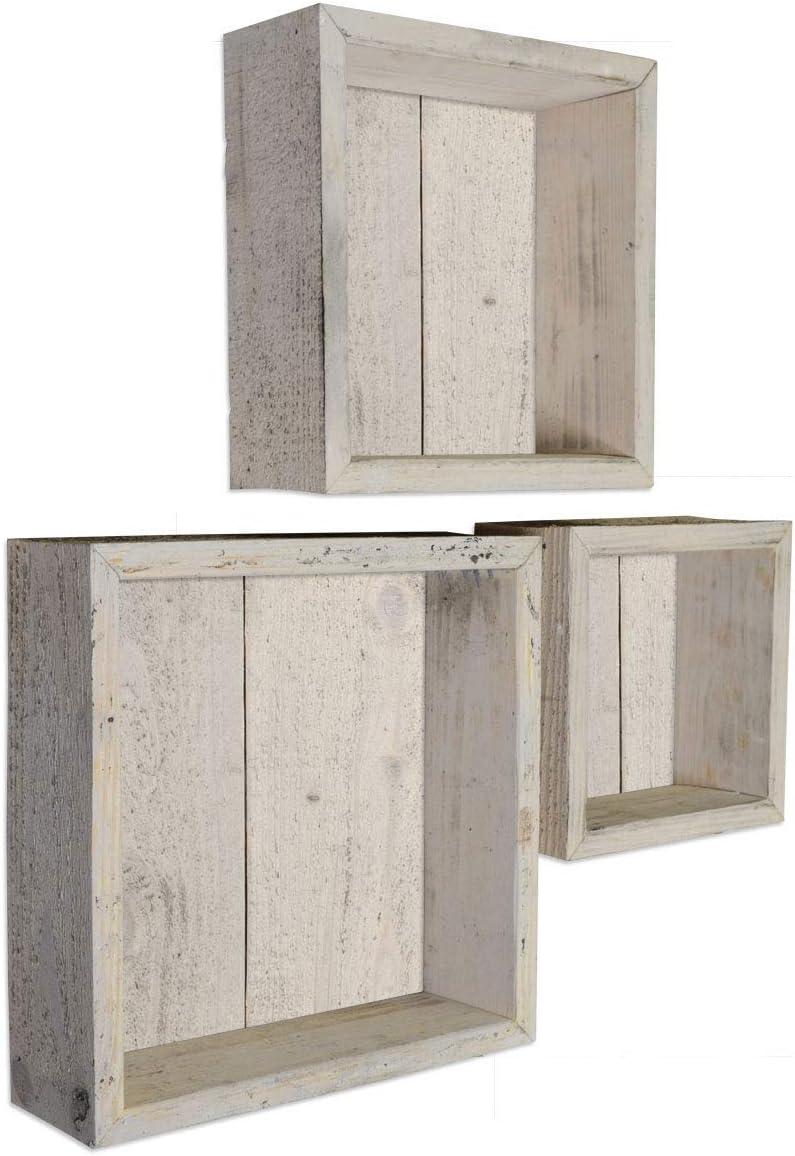 imageEkena Millwork DECR15SBSQOBBR Set of 3 Square Open Back Vintage Farmhouse Shadow Box Shelves Barnwood Decor Collection Weathered BrownChalk Dust White