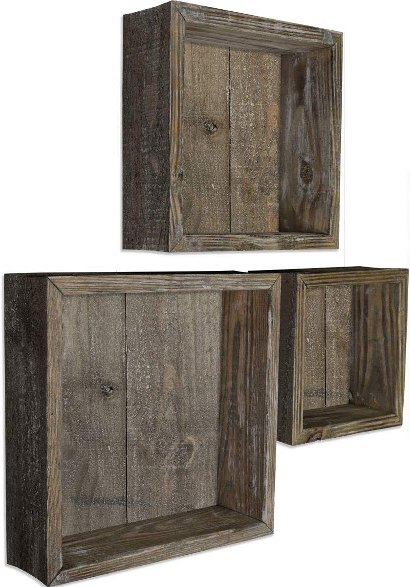 imageEkena Millwork DECR15SBSQOBBR Set of 3 Square Open Back Vintage Farmhouse Shadow Box Shelves Barnwood Decor Collection Weathered BrownPebble Grey