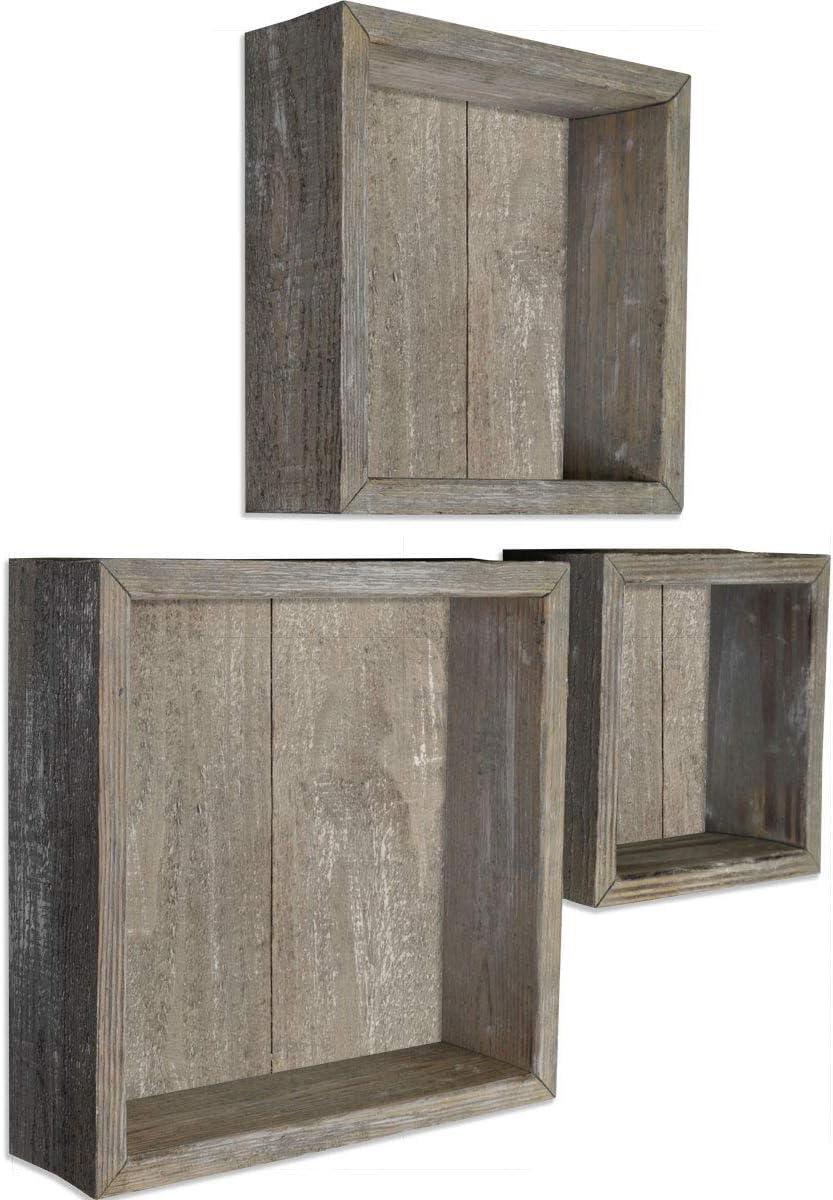 imageEkena Millwork DECR15SBSQOBBR Set of 3 Square Open Back Vintage Farmhouse Shadow Box Shelves Barnwood Decor Collection Weathered BrownReclaimed Grey