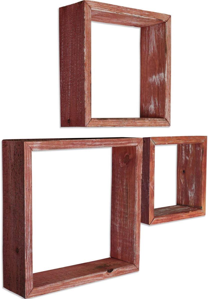 imageEkena Millwork DECR15SBSQOBBR Set of 3 Square Open Back Vintage Farmhouse Shadow Box Shelves Barnwood Decor Collection Weathered BrownSalvage Red