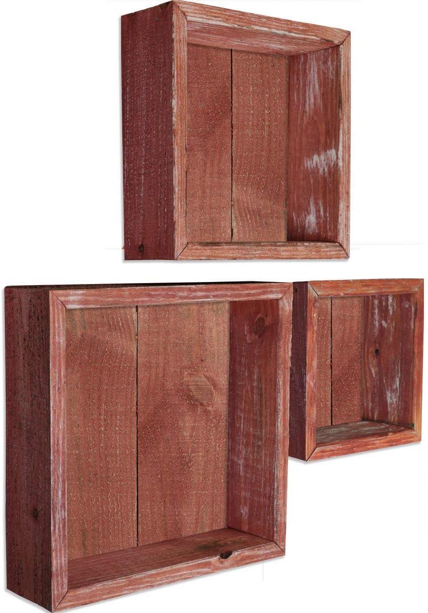 imageEkena Millwork DECR15SBSQOBBR Set of 3 Square Open Back Vintage Farmhouse Shadow Box Shelves Barnwood Decor Collection Weathered BrownSalvage Red