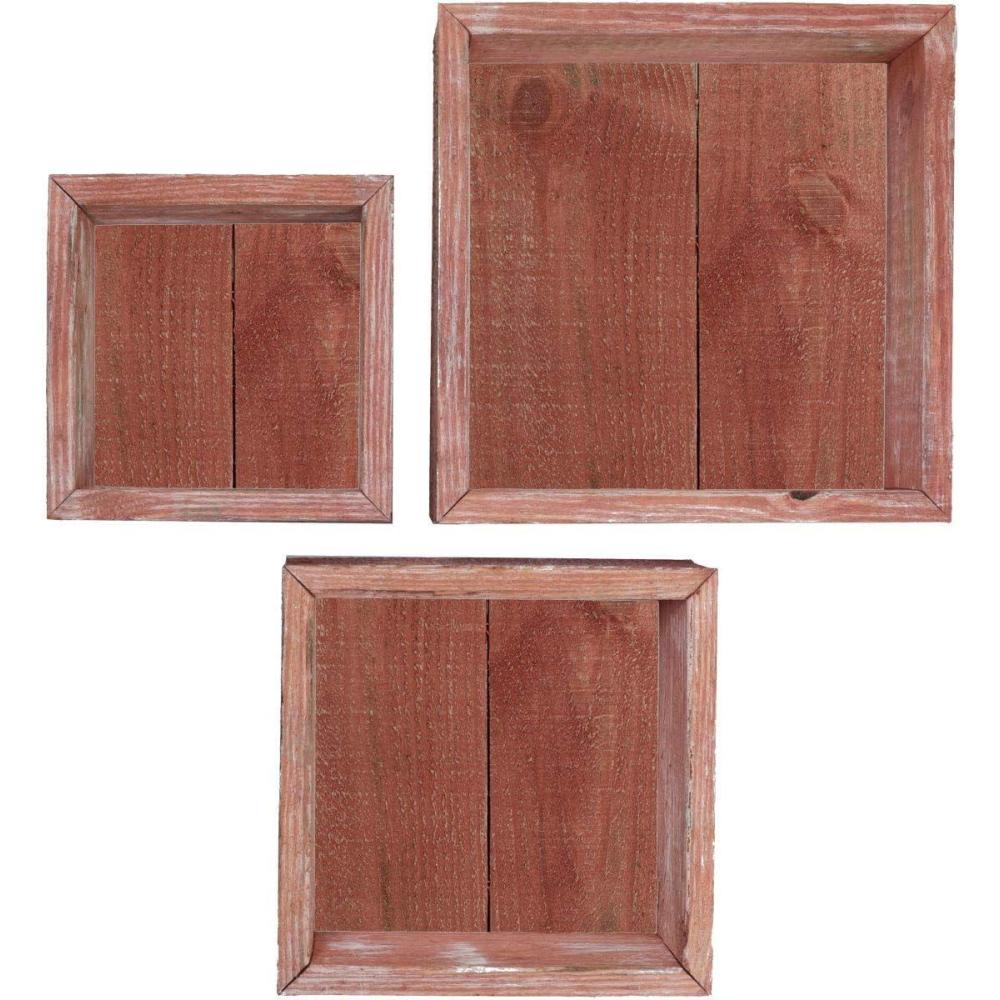 imageEkena Millwork DECR15SBSQOBBR Set of 3 Square Open Back Vintage Farmhouse Shadow Box Shelves Barnwood Decor Collection Weathered BrownSalvage Red